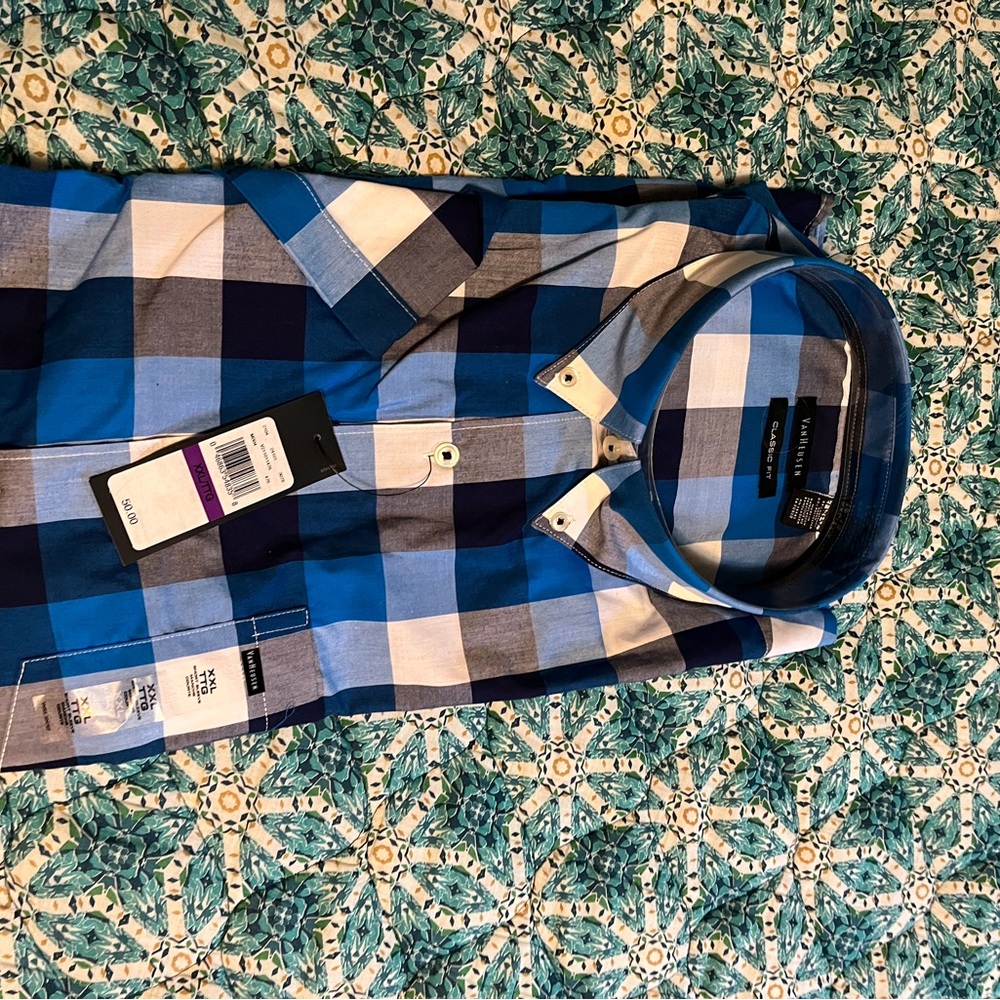 Van Heusen Blue, Black and White Plaid Men's Shirt, NWT